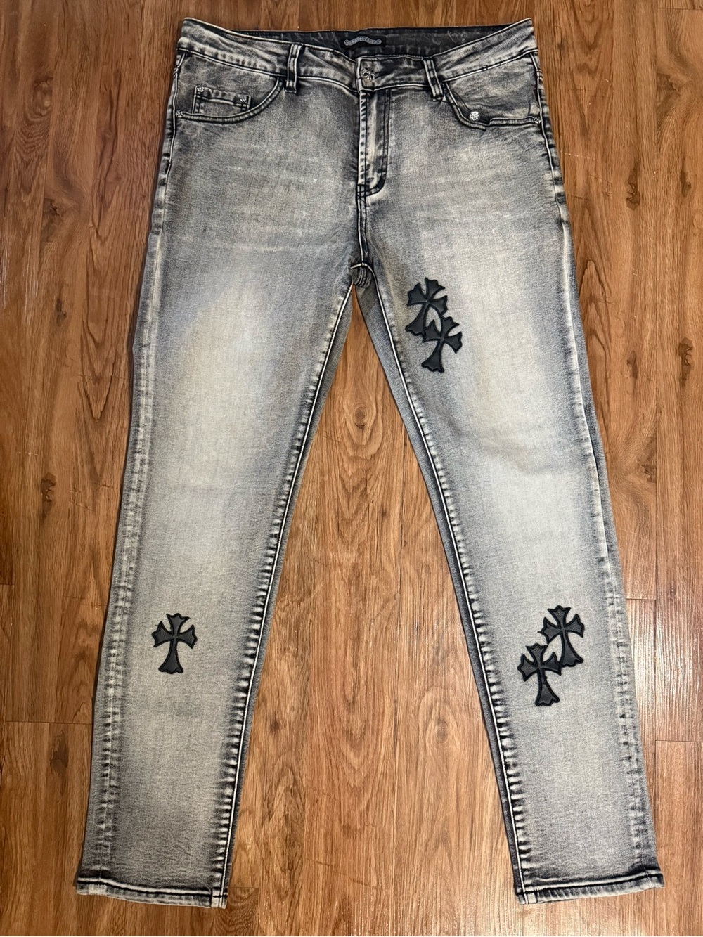 Chrome Hearts Slim Fit Stretch Light Wash Gray Jeans with Black Cross Size 36